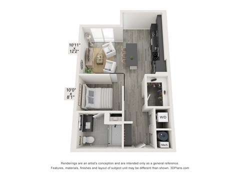 Floor plan for 1 bed, 1 bath, 673 sqft